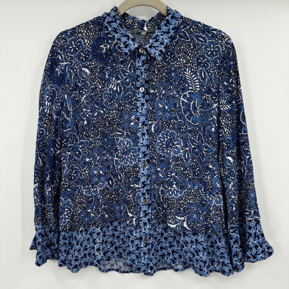 Blue Floral Button-Front Women's Blouse